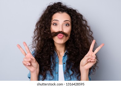 Close up photo amazing attractive glad her she lady overjoyed curl make whisker act like man guy he him his show v-sign wearing casual jeans denim shirt clothes outfit isolated grey background