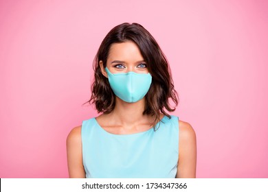 Close up photo amazing beautiful lady attractive appearance responsible citizen wear shiny colorful blue dress protective face mask isolated pink vivid background