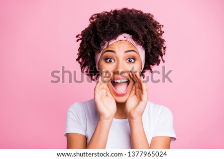 Close up photo amazing beautiful she her dark skin lady great cool event concert sale discount message arms hands help yell novelty wear head scarf casual white t-shirt isolated pink bright background