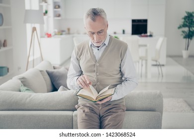 Close Up Photo Amazing Handsome He Him His Aged Man Arms Hands Adventure Novel Story Can't Get Eyes Off Wait Final Want Wish Know End Wear Shirt Waistcoat Pants Bright Flat House Living Room Indoors