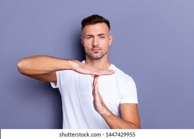 Close Up Photo Amazing He Him His Middle Age Macho Hand Palm Arm Raised Air Time Out Sport  Symbol You Will Not Pass Through Facial Expression Strict Wear Casual White T-shirt Isolated Grey Background