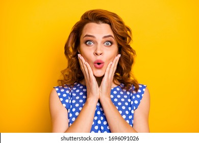 Close up photo of astonished crazy girl stare see wonderful black friday bargains impressed scream wow omg touch hands face wear pin-up pinup outfit isolated over vivid color background