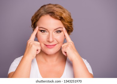 Close Up Photo Beautiful Amazing Model She Her Lady Hold Hands Arms Eyelid Check Wrinkles Great Wow Omg Result Look Mirror Satisfied Becoming Younger Wear White T-shirt Isolated Grey Background