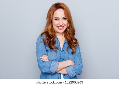 Close up photo beautiful amazing she her lady show perfect ideal teeth sincere kind self-confident easy-going listening great good news wear casual blue jeans denim shirt isolated grey background