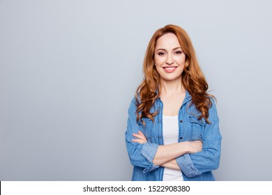 Close up photo beautiful amazing she her lady reliable person show perfect ideal teeth self-confident easy-going great good news empty space wear casual blue jeans denim shirt isolated grey background