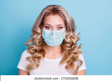 Close up photo beautiful amazing wonderful her she lady save covid-19 infection stay home have breating mask wearing casual white t-shirt clothes outfit isolated bright blue background - Powered by Shutterstock