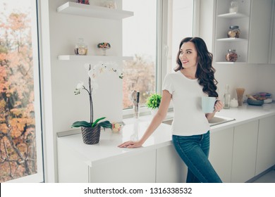 Close up photo beautiful brunette she her lady homey indoors watch through window hold beverage glad clean flat wearing domestic home apparel clothes outfit comfy table kitchen - Powered by Shutterstock