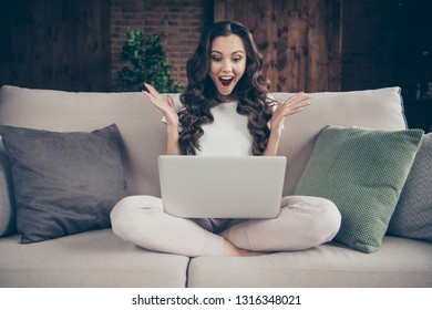 Close Up Photo Beautiful Brunette She Her Lady Housewife Glad First Salary Home Work I Love My Job Notebook Knees Legs Crossed Wearing Domestic Light Color T-shirt Clothes Outfit Sit Comfy Divan