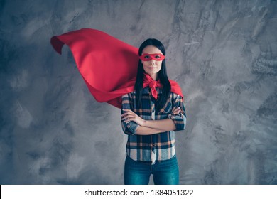 Close Up Photo Beautiful Fearless She Her Superpower Lady Comics Costume Heroine Women Equal Rights Concept Strong Hands Arms Wear Red Eye Mask Flight Mantle Home Room Loft Apartment Flat Indoors