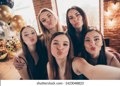 Close Up Photo Beautiful Five She Her Fancy Chic Ladies Make Take Selfies Send Air Kiss Sit Bed Linen Sheets Best Fellows Buddies Wear Sleep Costumes Girls Day Night Theme Party House Room Indoors