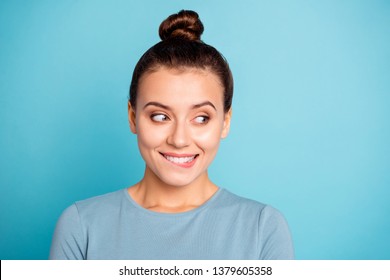 Close up photo beautiful funky amazing she her lady cute look side empty space bite lip give me candies cookies yummy hungry expression wear casual sweater pullover isolated blue bright background