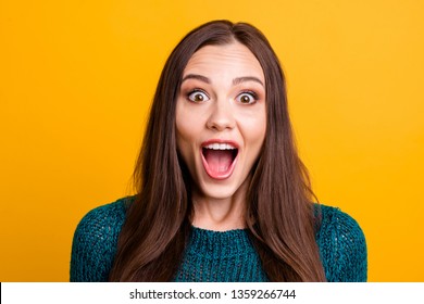 Close up photo beautiful funky her she lady opened toothy mouth brown eyes look ecstatic black friday amazing low little prices wear green knitted pullover jumper clothes isolated yellow background