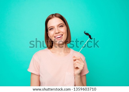 Close up photo beautiful funny funky her she lady short hairdo winking eye make moustache pretend like man he him his good wear casual pastel t-shirt clothes isolated teal turquoise background