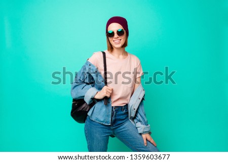 Close up photo beautiful funny her she lady modern fashionable look ready walk park meet friends fellows wear specs hat casual jeans denim pastel t-shirt clothes isolated teal turquoise background