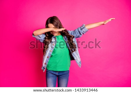 Close up photo beautiful little age she her curly lady cool arms hands action motion disco party amazing look long hairdo wear yellow specs casual jeans denim jacket isolated pink bright background