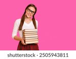 Close up photo beautiful nice lovely teen tails genius scholar library hold hand prepare exam project eyewear eyeglasses specs white pullover red skirt ponytail pigtail isolated yellow background