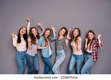 Close up photo beautiful she her six ladies skinny roommates birthday gift present unexpected visit wearing casual jeans denim checkered striped clothes outfit isolated grey background - Powered by Shutterstock