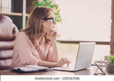 Close up photo beautiful she her business lady best boss having seminar training not interested look inspired window boredom notebook table sit big office chair wearing specs formal-wear shirt
