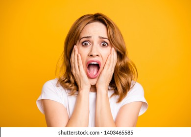 Close up photo beautiful she her lady yelling raise arms hands cheeks cheekbones lost epic fail football match game fan loser oh no expression wear casual white t-shirt isolated yellow background