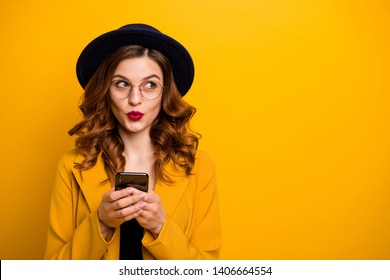 Close Up Photo Beautiful She Her Lady Watch Sly Tricky Side Empty Space Arms Hands Telephone Reader Cool News Modern Look Wear Specs Formal-wear Costume Suit Isolated Yellow Vibrant Background