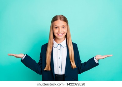 Close Up Photo Beautiful She Her Little Model Open Arms Empty Space Proposition Pick Select One Better Option Price Wear Formalwear Shirt Blazer School Form Isolated Bright Teal Turquoise Background