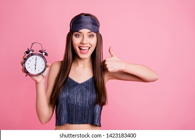 Close Up Photo Beautiful She Her Lady Hold Thumb Up Hand Arm Check Test Old Vintage Bell Nice Way Waking Up Recommend Buy Buyer Wear Blue Silky Sleeping Suit Costume Mask Isolated Pink Background