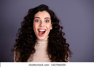 Close Up Photo Beautiful She Her Lady Ecstatic Yelling Glad Not Believe Eyes Sale Discount Black Friday Shopping Open Mouth Yes Yeah Wear Casual Pastel Beige Pullover Isolated Grey Background