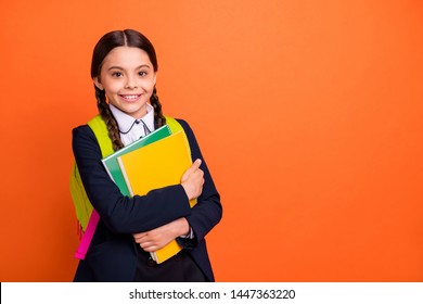 Close Up Photo Beautiful She Her Little Lady Funky Funny Hairdo Hands Arms Learn Notebooks Glad Return See Classmates Wear Formalwear Shirt Blazer School Form Bag Isolated Bright Orange Background