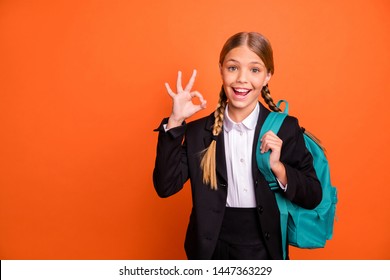 Close Up Photo Beautiful She Her Little Lady Funny Hairdo Hand Arm Fingers Raised Okey Symbol Approval Quality News Wear Formalwear Shirt Blazer Skirt School Form Bag Isolated Bright Orange Background