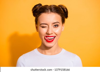 Close Up Photo Of Charming Flirty Adorable Lady On Holiday Licking Her Lips Pomade To Attract Boy Men Student Have Relationships Isolated Over Vivid Background Dressed In White Cotton Jumper