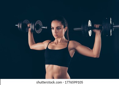 Close Up Photo Of Charming Sportive Woman Hold Hand Have Muscles True Power Lifter Isolated Over Black Background