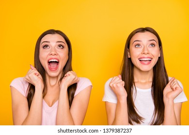 Close Up Photo Cheerful Student Lucky Enjoy Incredible Unexpected Trip News Aim Luck Raise Fist Isolated Scream Shout Wait Want Expect Dream Desire Long Hair Pastel Outfit Yellow Background