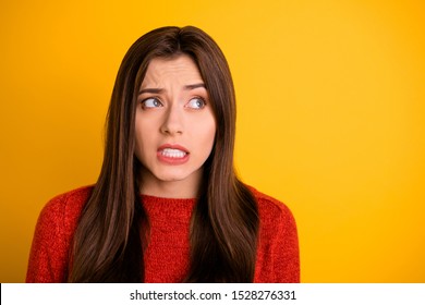 Close Up Photo Of Confused Afraid Girl Cant Remember Important Information Feel Panic Look Try Think Wear Red Pullover Isolated Over Yellow Color Background
