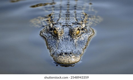 close up photo of a crocodile looking forward from the water