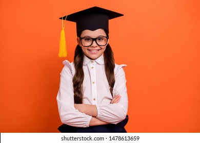 Close up photo of cute charming child masters bachelor degree concept dressed eyewear eyeglasses white modern clothing  blouse prodigy isolated orange background - Powered by Shutterstock