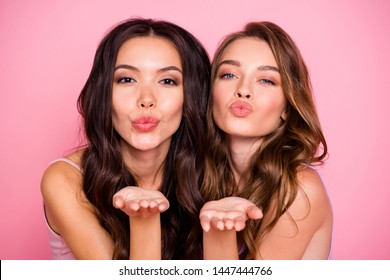 Close up photo of cute charming ladies fellows fellowship send air kiss attract men want date valentine day wavy curly haircut long modern trendy stylish clothing isolated pink background