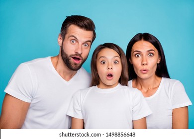 Close Up Photo Of Dad Mom And Small Lady Listening Unexpected Bad News Wear Casual Outfit Isolated Blue Background