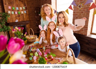 Close up photo foxy three small girls children day easter two mommy pretty table full handmade craft big wooden have good great time together make take selfies speak talk tell skype video call - Powered by Shutterstock