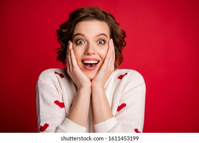 Close Up Photo Of Funny Cheerful Positive Girl Look Incredible Romantic Date Novelty Impressed Touch Hands Cheeks Scream Isolated Over Bright Color Background