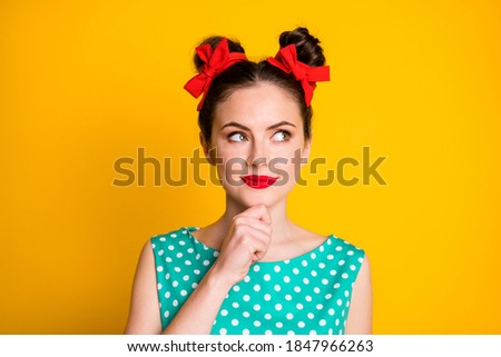 Close up photo of girl touch hand chin look copyspace think wear teal skirt isolated bright color background