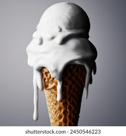 Close up photo of ice cream cone that is melting because of the heat on a white background