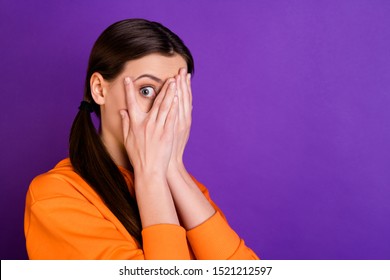 Close Up Photo Of Impressed Horrified Girl Close Cover Hands Palms Her Face Eyes Feel Fear After Looking Film Series Wear Sportswear Isolated Over Violet Purple Color Background