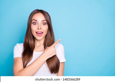 Close up photo of impressed lady showing recommendation scream unbelievable wearing white t-shirt isolated over blue background - Shutterstock ID 1483366289