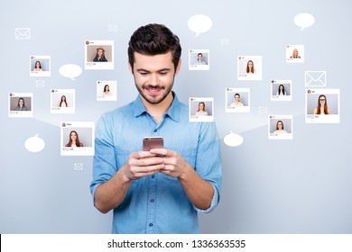 Close up photo interested he him his guy hold smartphone addicted online sit internet pick community age illustration pictures girls dating site futuristic creative design isolated white background