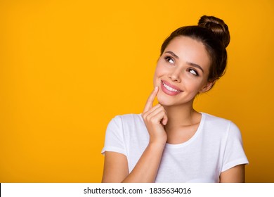 Close Up Photo Interested Pretty Sweet Lovely Girl Look Copyspace, Touch Chin Finger Think Thoughts About Her Summer Weekends Plan Wear Modern Outfit Isolated Vibrant Color Background