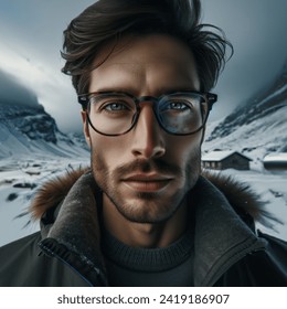 Close up photo of man with progressive glasses on top of snowy mountain