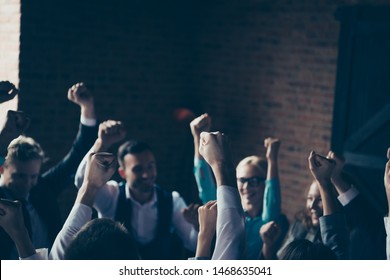 Close Up Photo Many Big Group Of People  Celebrating New Project Startup Gesture Fortune Triumph Economics Progress Inspiration All Dressed In Formal Wear Jackets Shirts