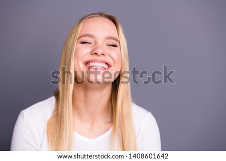 Close up photo of nice pretty attractive lady have free time summer rest relax long haircut hairdo reaction expression dressed modern trend outfit isolated grey background