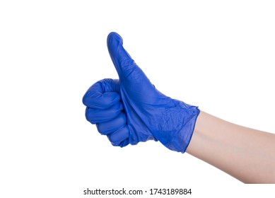 Close Up Photo Of Nurse Hand In Protective Glove Giving Finger Up Isolated Over White Background