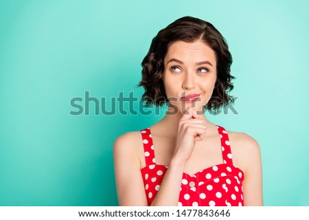 Close up photo of pondering charming interesting confused girl thinking over changing job while isolated with teal background